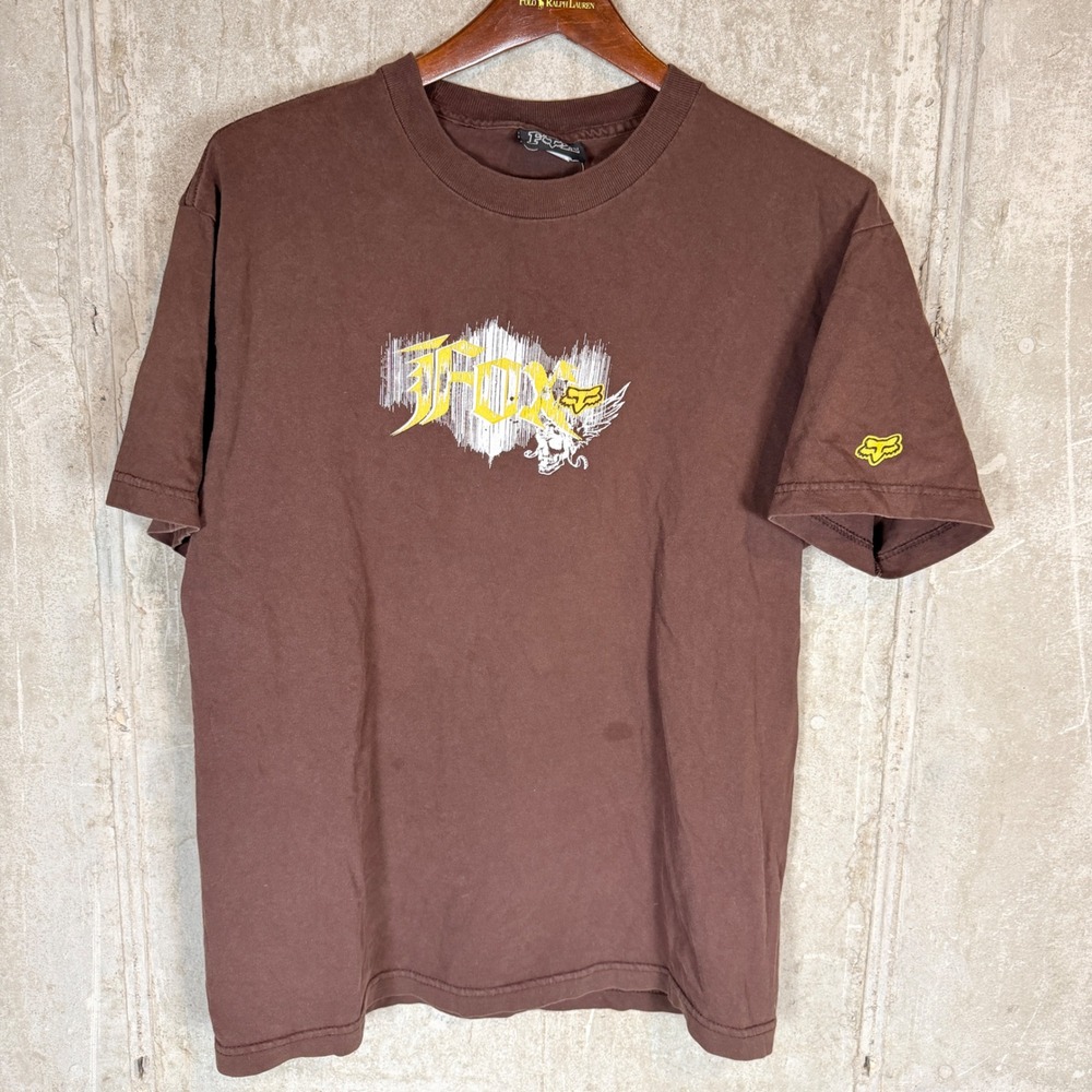 Fox Racing Mens Vintage Graphic T-Shirt Brown Large Motocross Y2K Skater Skull